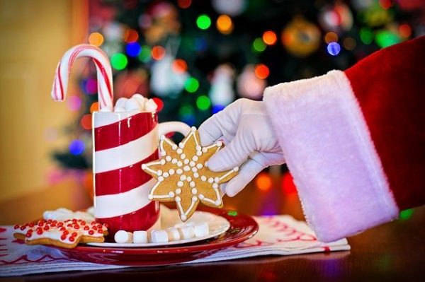 Eine Weihnachtsmannhand mit Heißgetränk, einer Zuckerstange und einem Tannenbaum im Hintergrund