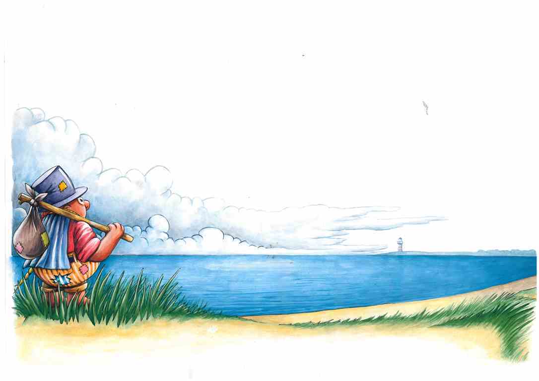 Ein Comicbild von einem kleinen Mann auf Reisen, der aufs Meer schaut.
