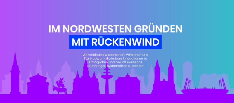 Der Text "Im Nordwestern gründen mit Rückenwind" mit der Bremen-Skyline