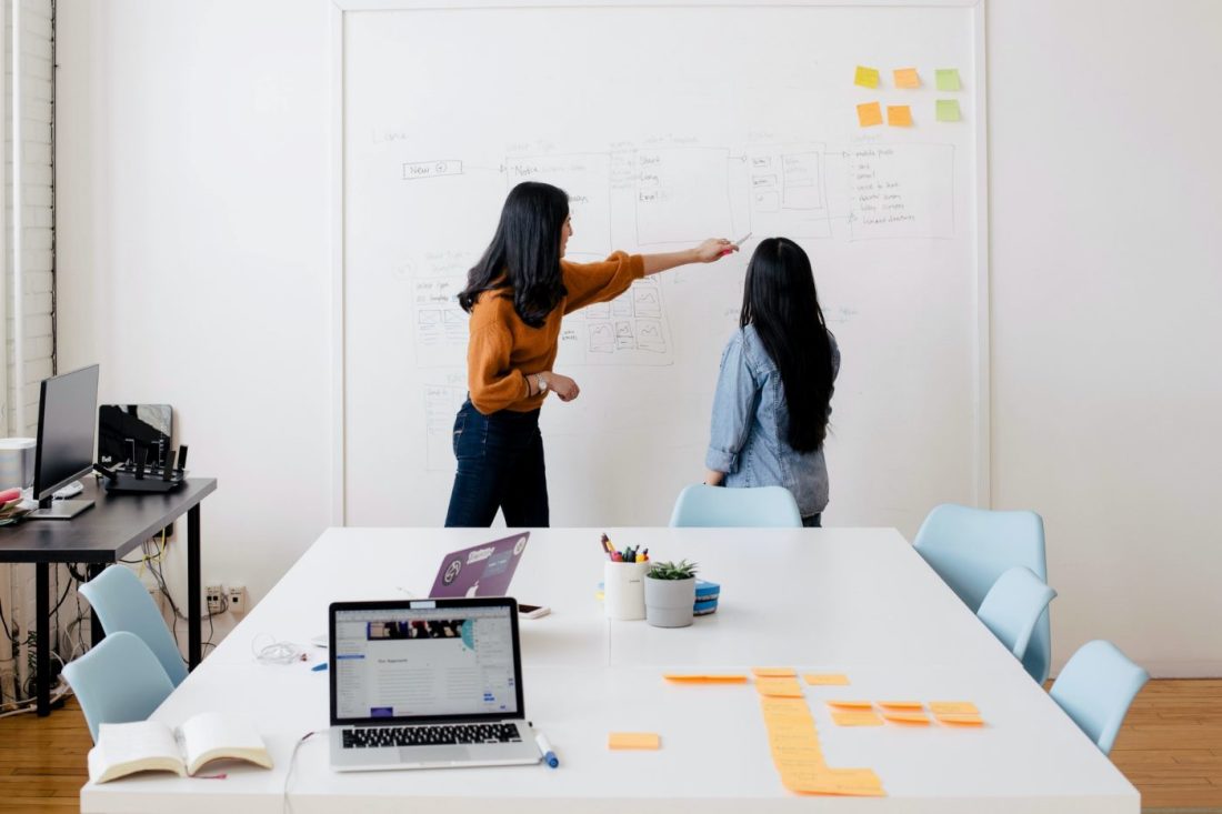 Zwei Frauen schreiben am Whiteboard